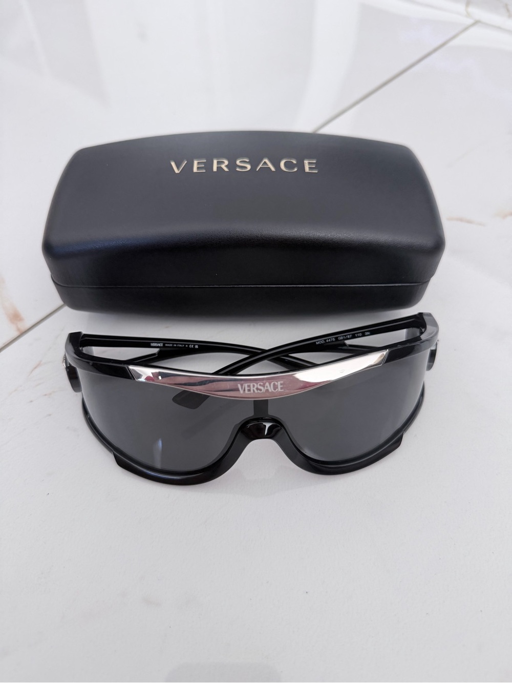 Versace Men’s Black Sunglass Shield with Silver Logo Bar
